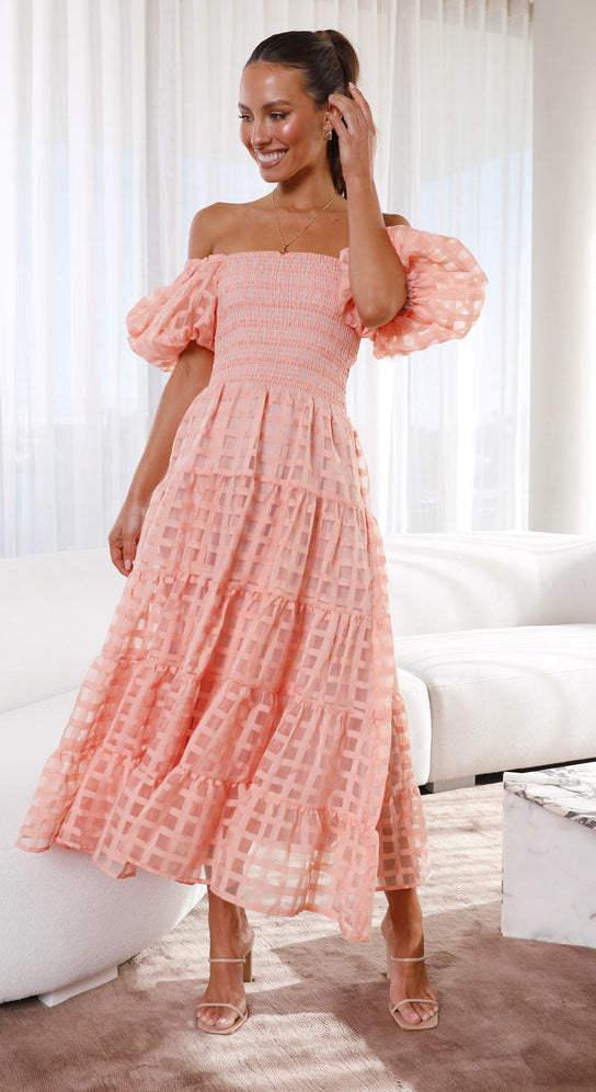 Damen Maxikleid mit luftigen Puffärmeln und gerafftem Oberteil Drune