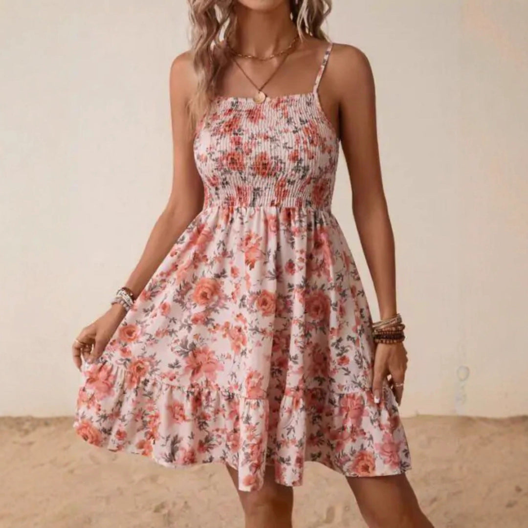 Damen Floral Sommerkleid mit schwingendem Rock und Spaghetti-Trägern Drune
