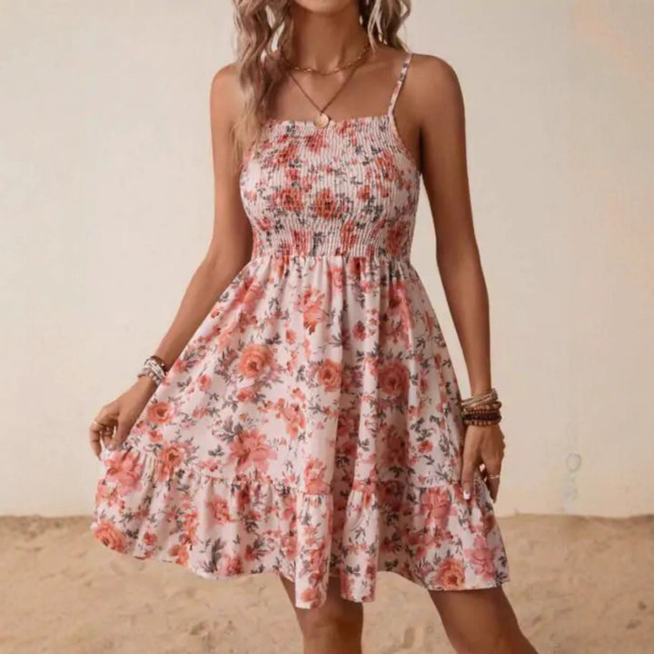 Damen Floral Sommerkleid mit schwingendem Rock und Spaghetti-Trägern Drune