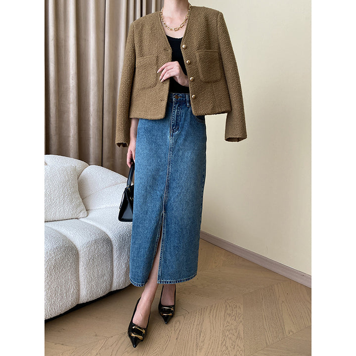 Damen modische Bouclé-Jacke mit Knopfdetails Drune