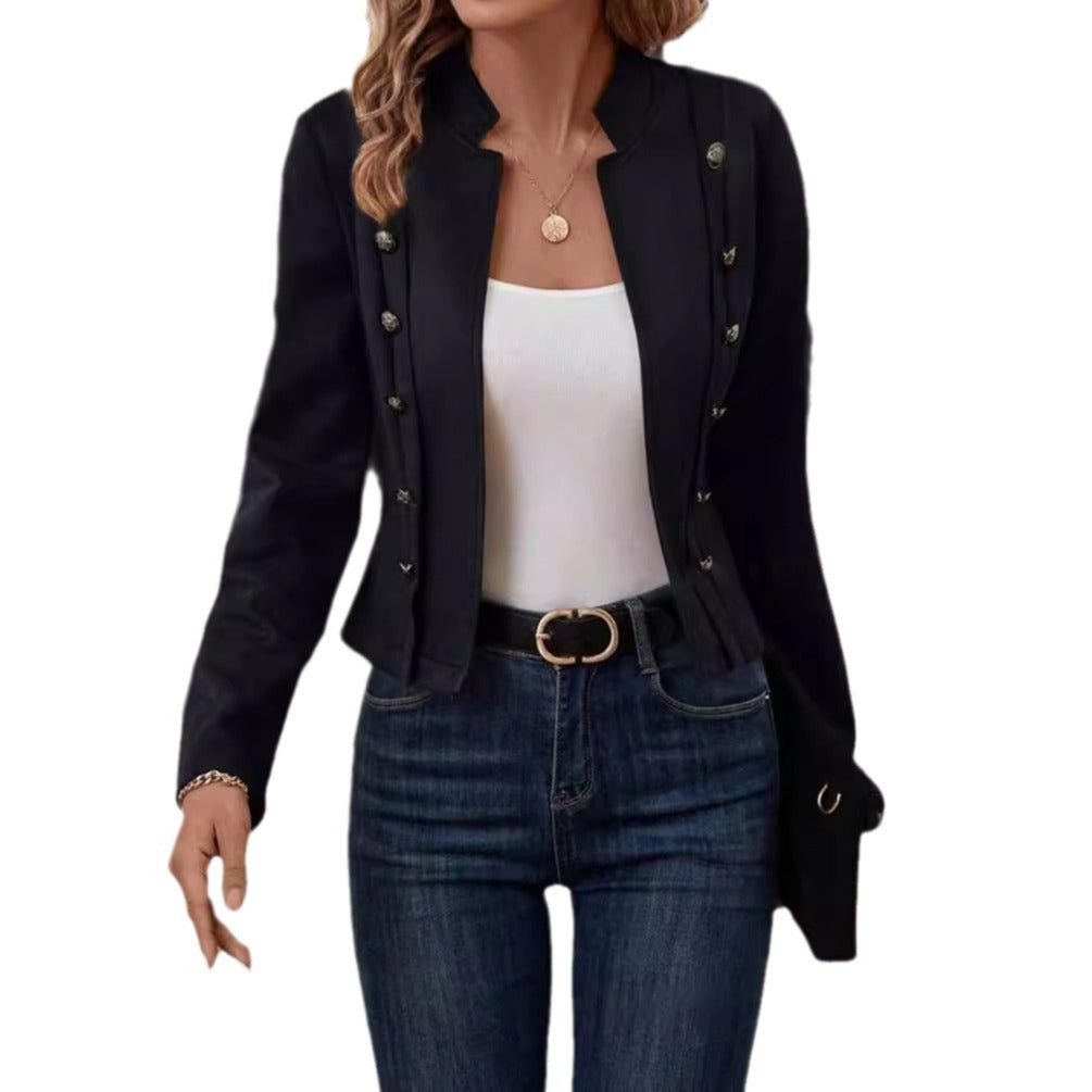 Damen modische Wildlederjacke mit elegantem Stehkragen und dekorativen Knopfdetails Drune