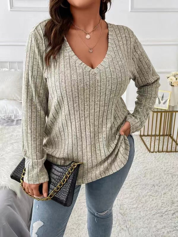 Damen Langarm V-Ausschnitt Shirt mit feiner Rippstruktur Drune