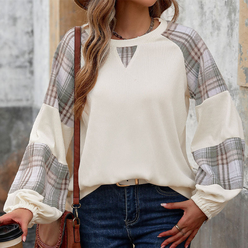 Damen Oversize-Longsleeve mit karierten Chiffon-Raglanärmeln und gerafften Manschetten Drune
