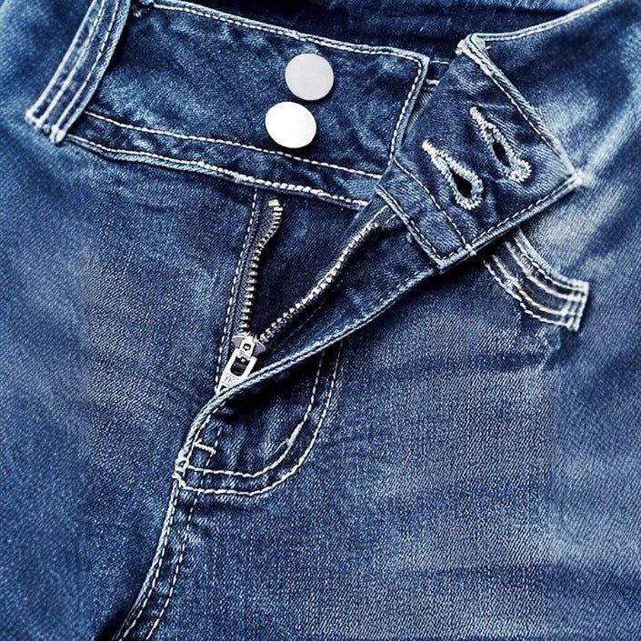 Damen Hochbund-Bootcut-Jeans mit formendem Bund und sichtbarer Knopfleiste Drune