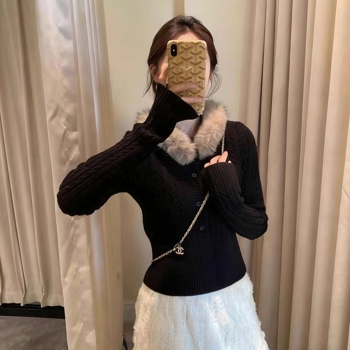 Damen Eleganter Strickpullover mit Kunstfellkragen Drune