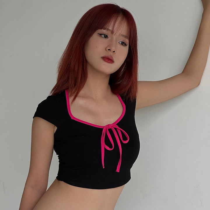 Damen cropped T-Shirt mit dekorativem Bindeband Drune