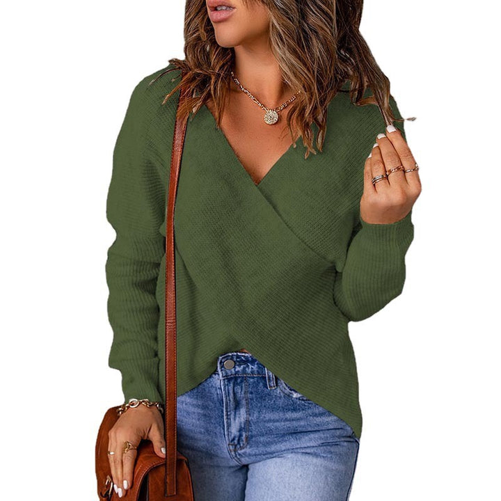 Damen lässiger Wickel-Pullover mit tiefem V-Ausschnitt und strukturiertem Gewebe Drune