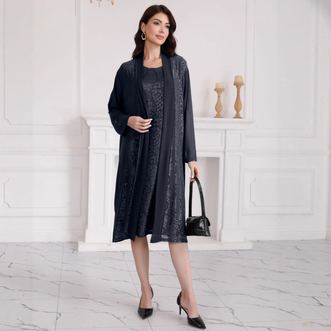 Damen Zweiteiliges Midikleid-Set mit floralem Jacquard-Overlay und offenem Mantel Drune