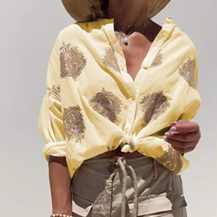 Damen Boho Leinen Bluse mit Perlenstickerei und Knotenband Drune