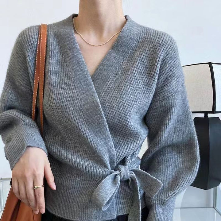 Damen eleganter Wickelpullover mit V-Ausschnitt und Taillenzug Drune
