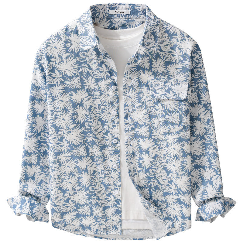 Damen Leichtes Blumenprint-Overshirt aus Leinen-Baumwollmix mit Kentkragen und Brusttasche Drune
