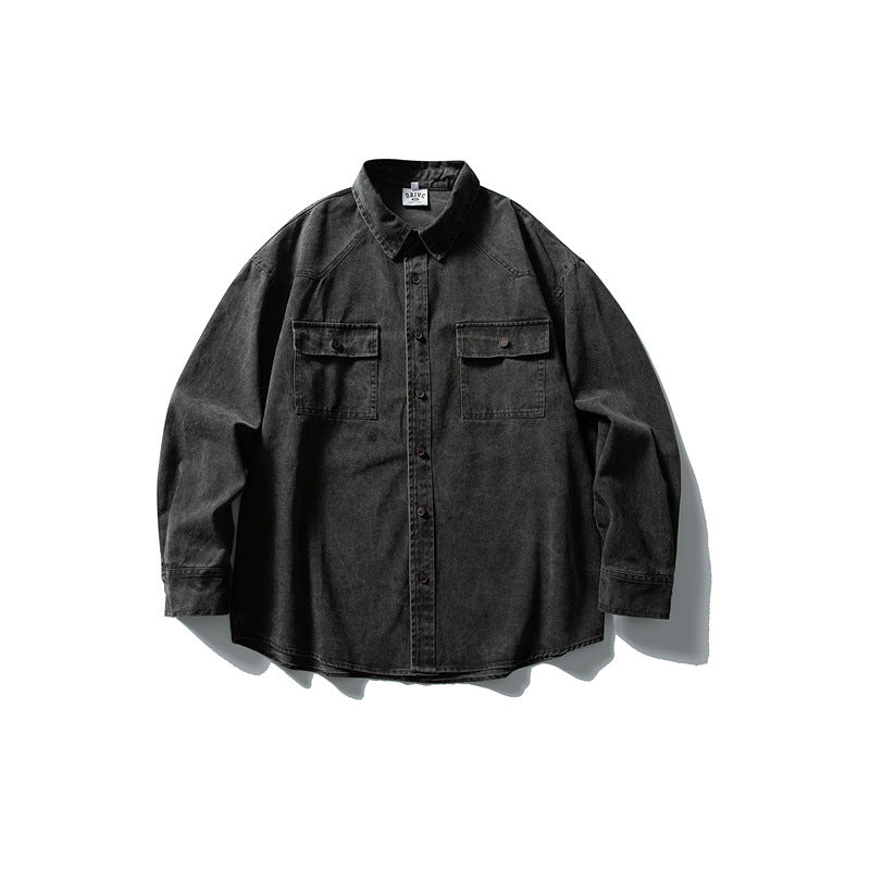 Unisex Oversize Baumwoll-Denim Hemdjacke mit aufgesetzten Brusttaschen und gerundetem Saum Drune