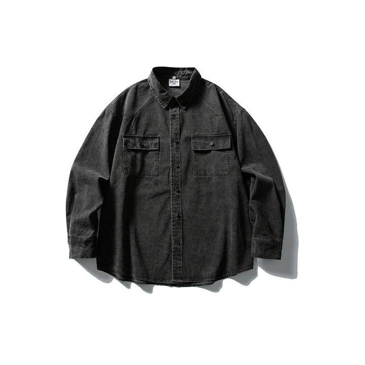 Unisex Oversize Baumwoll-Denim Hemdjacke mit aufgesetzten Brusttaschen und gerundetem Saum Drune
