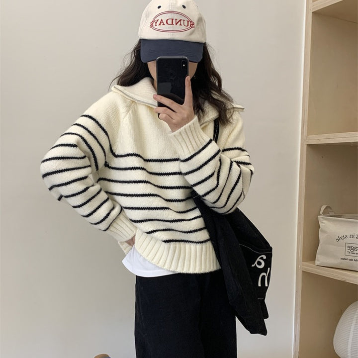 Damen Lässiger Pullover mit gestreiftem Design und halbem Reißverschluss Drune