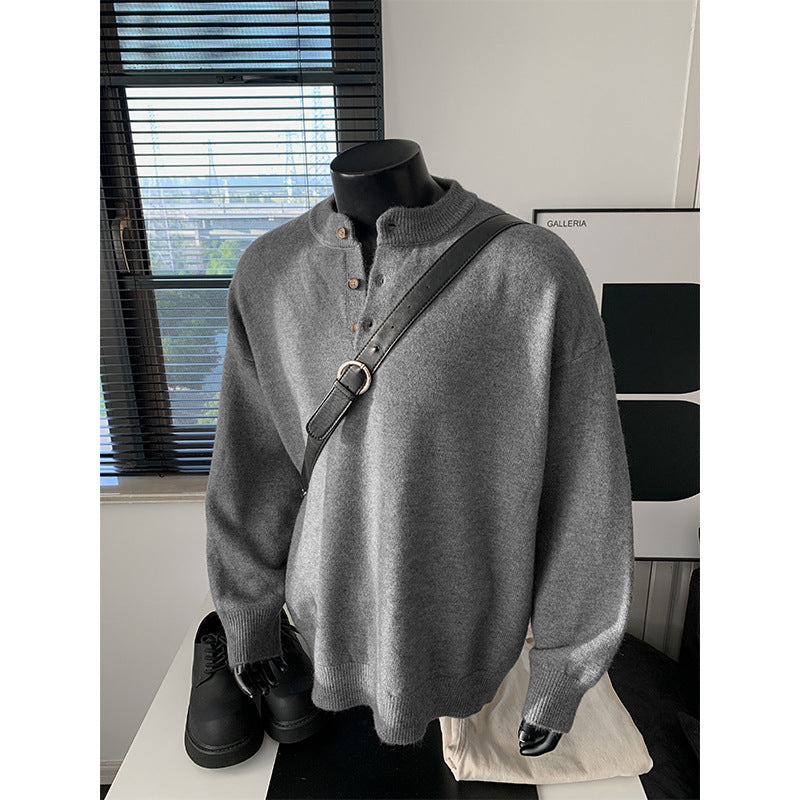 Herren Oversize-Strickpullover mit Henley-Kragen und Halbknopfleiste Drune