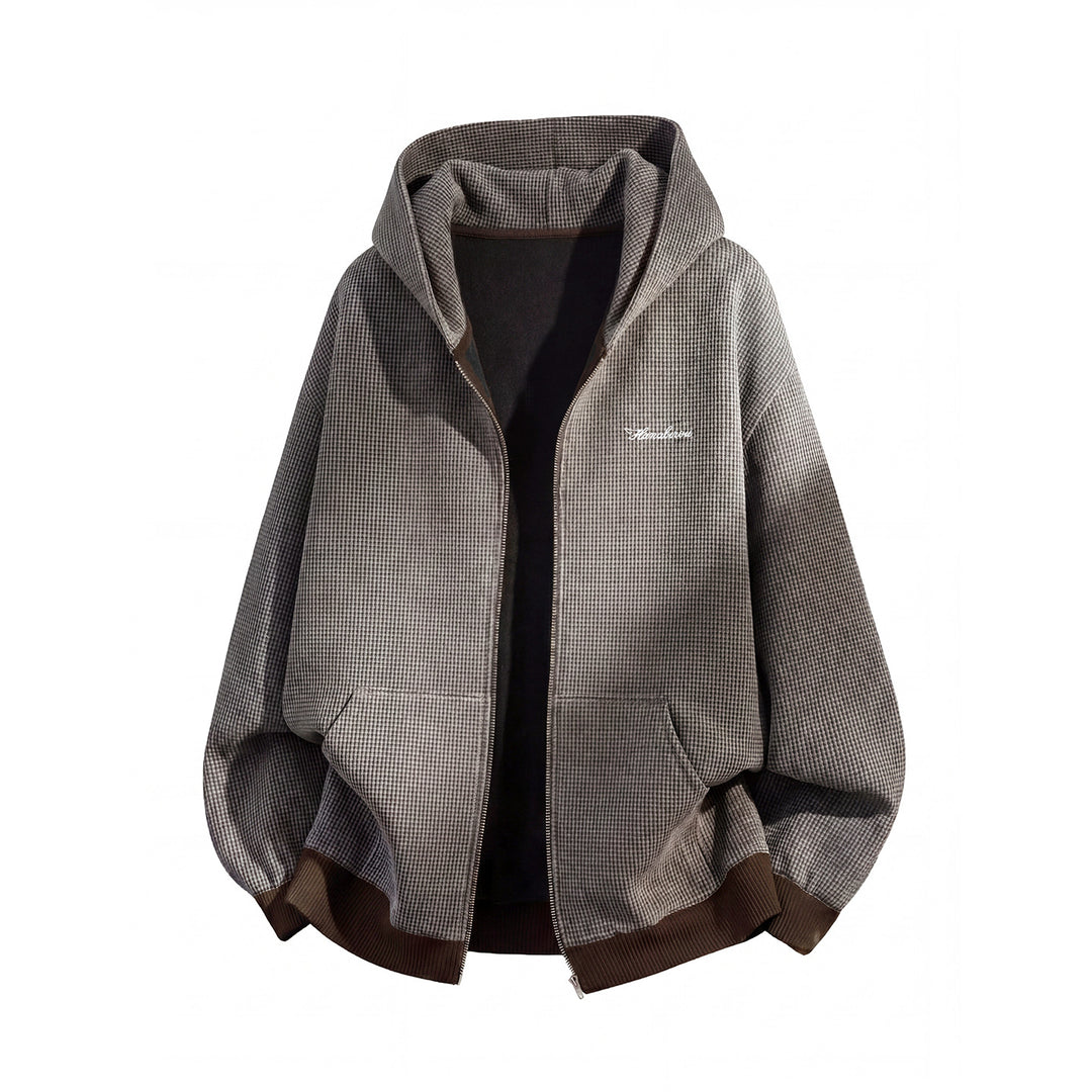 Unisex Oversize Kapuzen-Zipperjacke mit Hahnentrittstruktur und Rippbündchen Drune