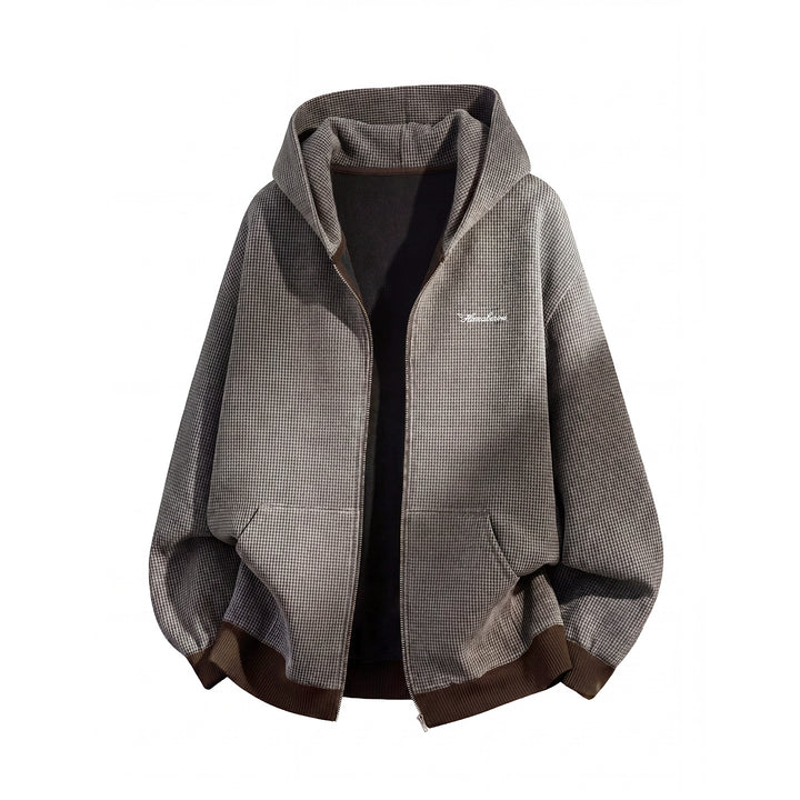 Unisex Oversize Kapuzen-Zipperjacke mit Hahnentrittstruktur und Rippbündchen Drune