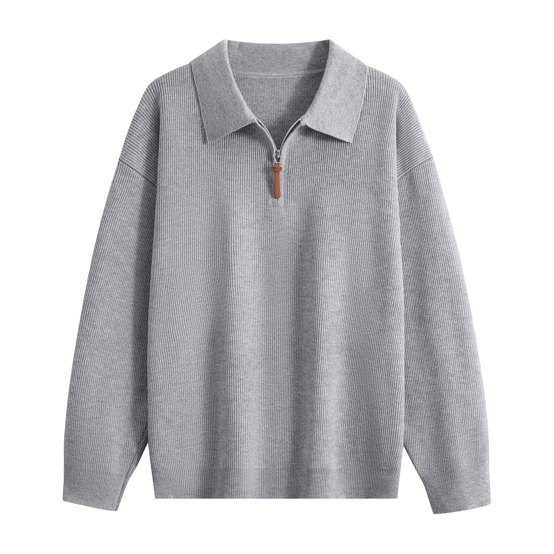 Damen Oversize Rippstrick-Pullover mit Polokragen & Kurz‑Zip Drune