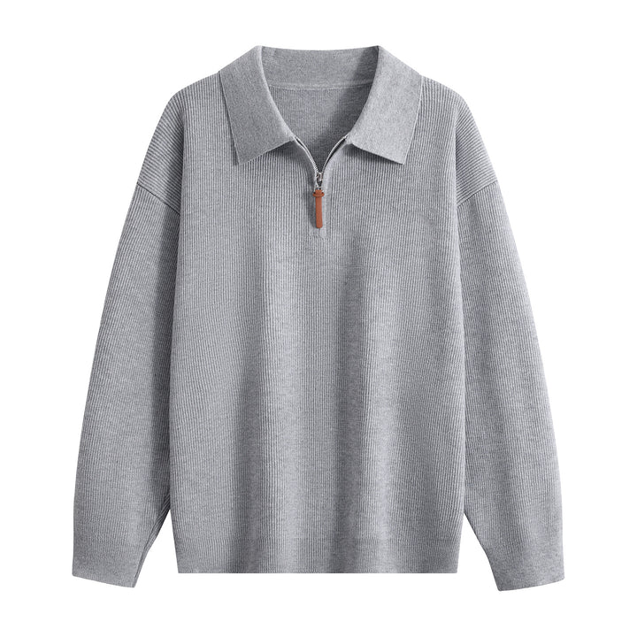 Damen Oversize Rippstrick-Pullover mit Polokragen & Kurz‑Zip Drune