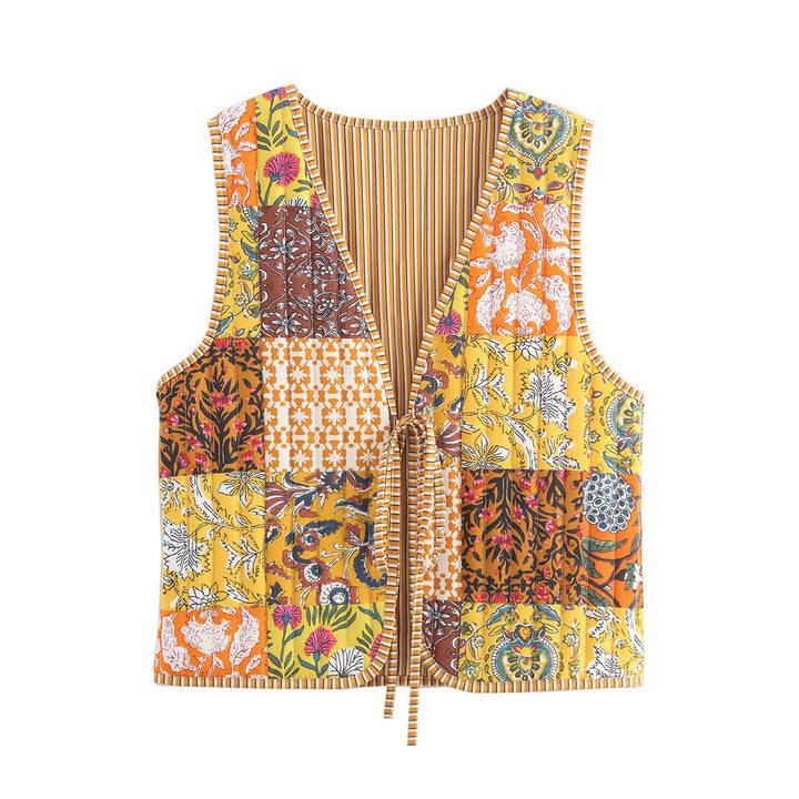 Damen Gesteppte Weste mit Toile‑Print, gestreifter Innenverarbeitung und Kordelbindung Drune