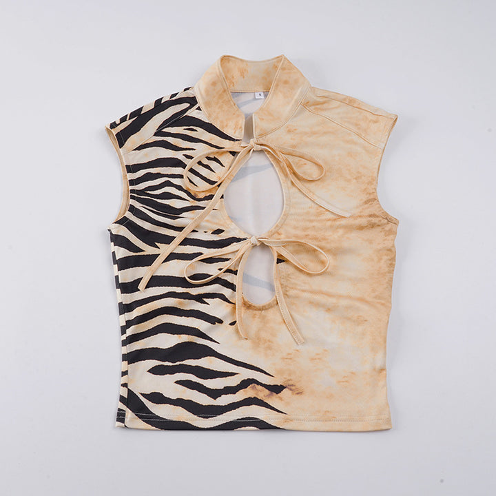 Damen modisches Oberteil mit aufregendem Tigerprint und dekorativen Schnürdetails Drune