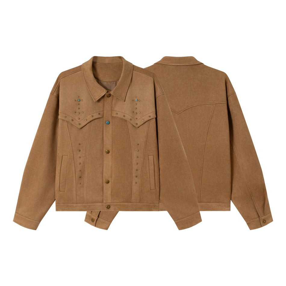 Damen Kurz geschnittene Wildleder‑Optik Blousonjacke mit Western‑Yoke und Nietenapplikation Drune