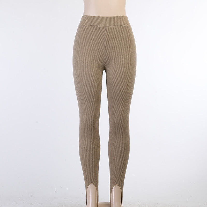 Damen nan figurschmeichelnde Rippstrick-Leggings mit Fußschlaufe und hoher Bundkompression Drune