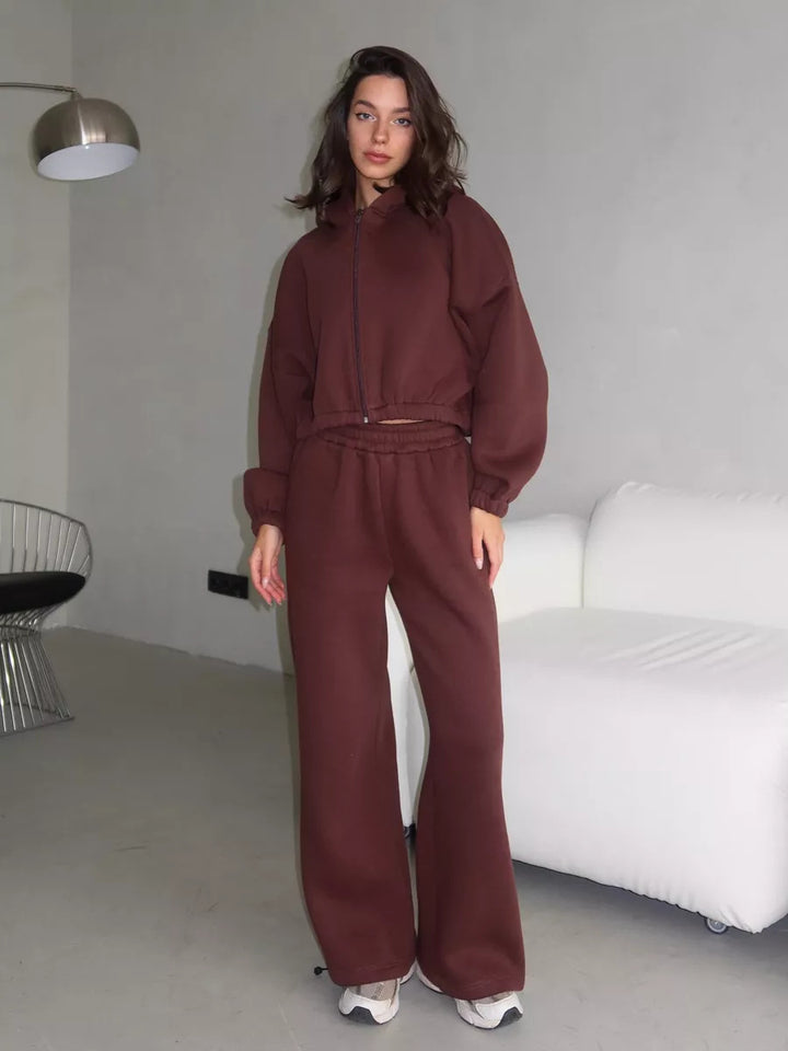 Damen Oversize Sweatset mit Reißverschluss Bomberjacke und Highwaist Jogginghose Drune