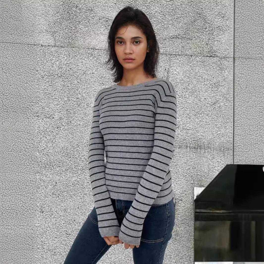 Damen Rippstrickpullover mit Streifenmuster und langen Ärmeln Drune