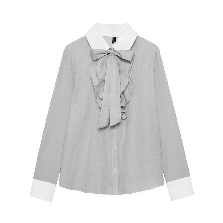 Damen Bluse mit Schleifenkragen und Rüschenblende Drune
