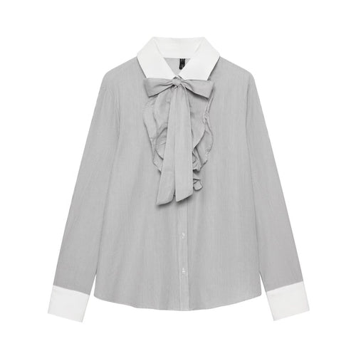 Damen Bluse mit Schleifenkragen und Rüschenblende Drune