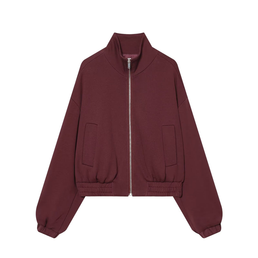Damen Cropped Sweat-Bomberjacke mit hohem Stehkragen und elastischem Taillenbund Drune