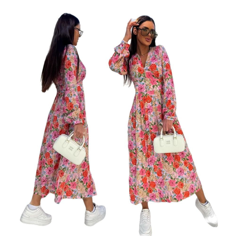 Damen Elegantes Maxikleid mit floralen Mustern und Knopfdetails Drune