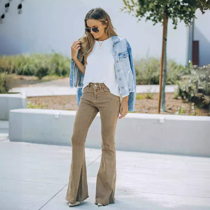 Damen Längeres Flared Jeans mit hohem Bund und modischem Design Drune