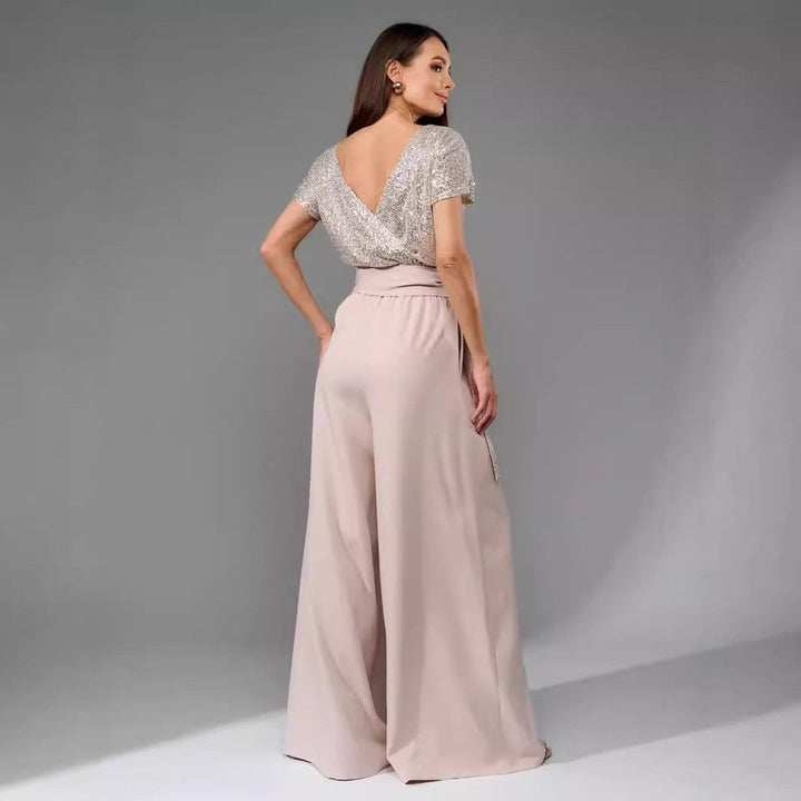 Damen Glitzernder Jumpsuit mit weitem Bein und Taillengürtel Drune