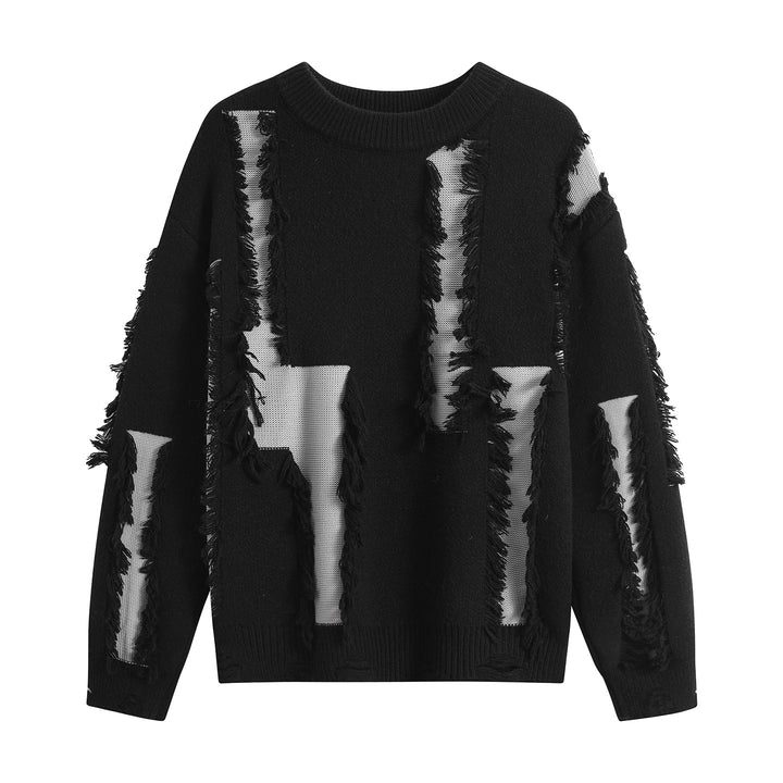 Damen Oversize Strickpullover mit Fransenapplikationen und Destroy-Look Drune