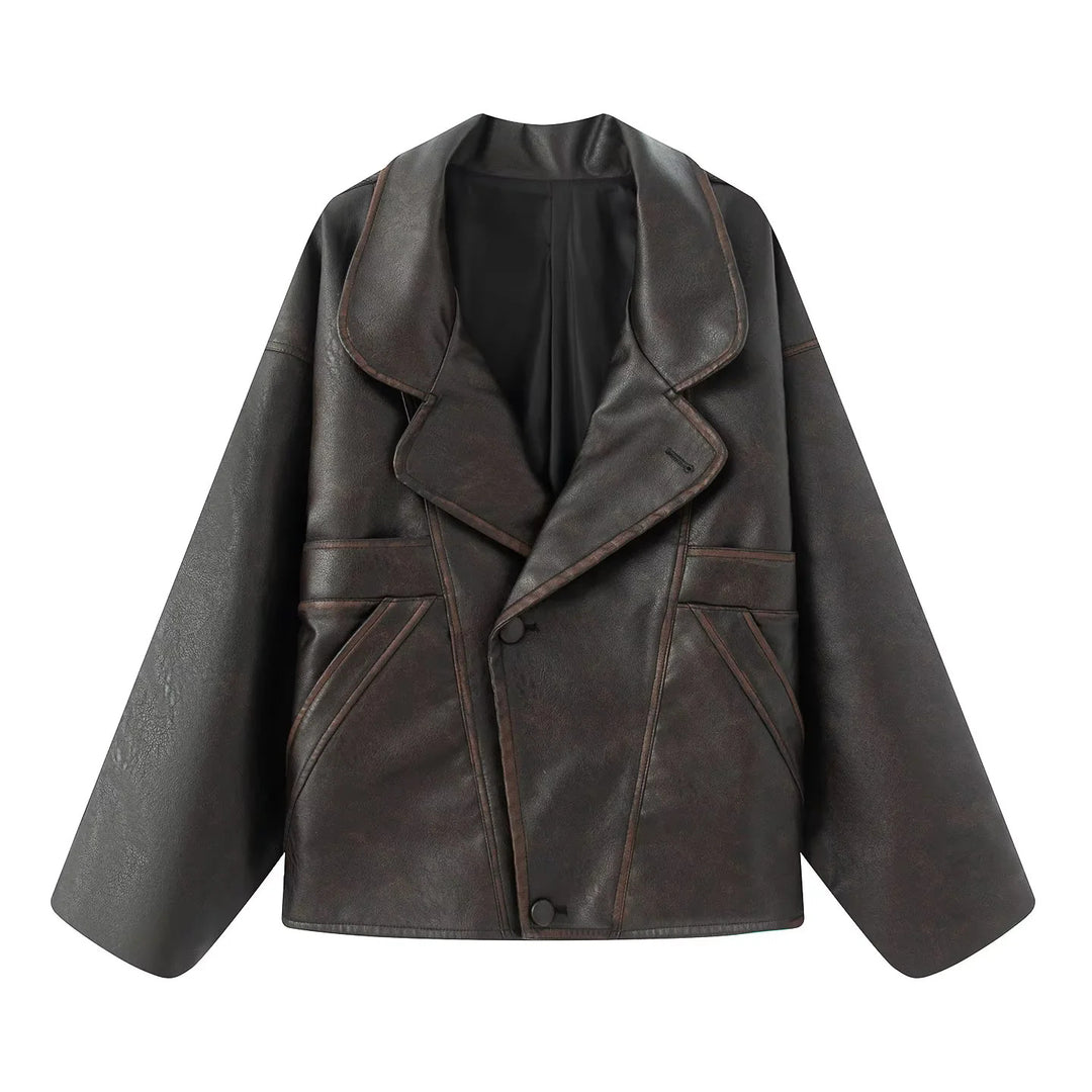 Damen nan kastiger Lederimitat-Blouson mit überlappendem Schalkragen und diagonal eingesetzten Taschen Drune