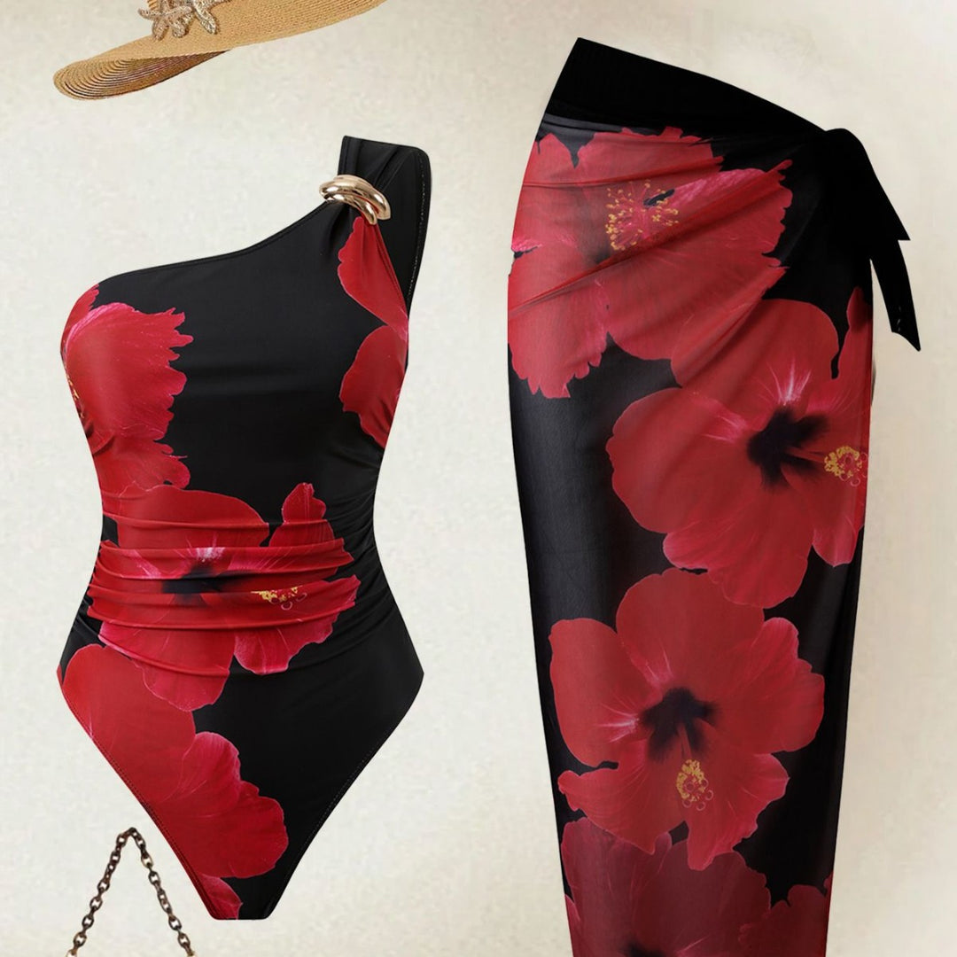 Damen Eleganter Einteiler mit asymmetrischem Schnitt und floralem Design Drune