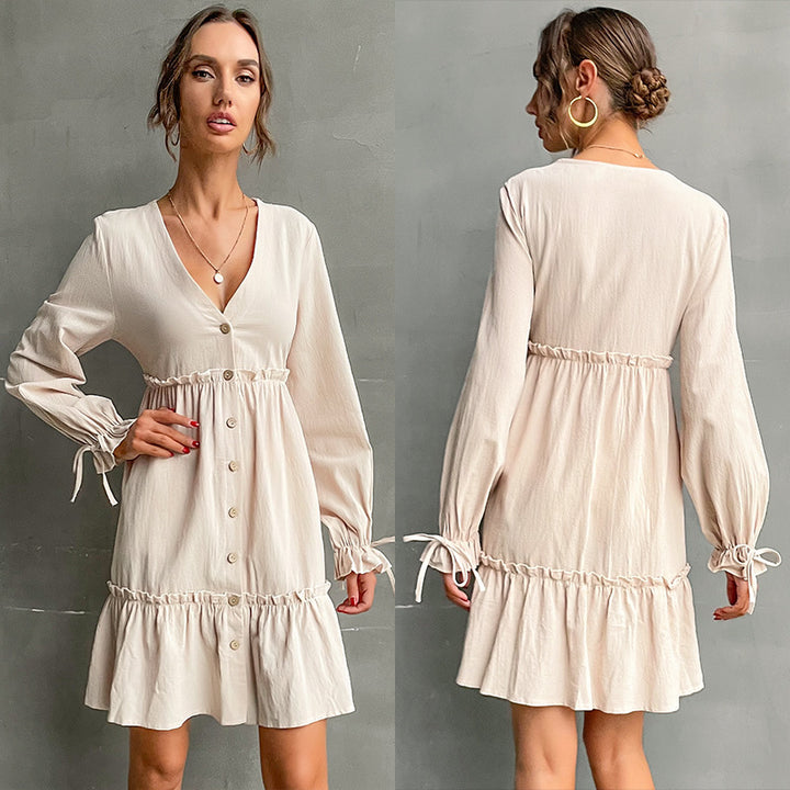 Damen Button-Midikleid mit V-Ausschnitt, Rüschen-Taille und Bindärmeln Drune