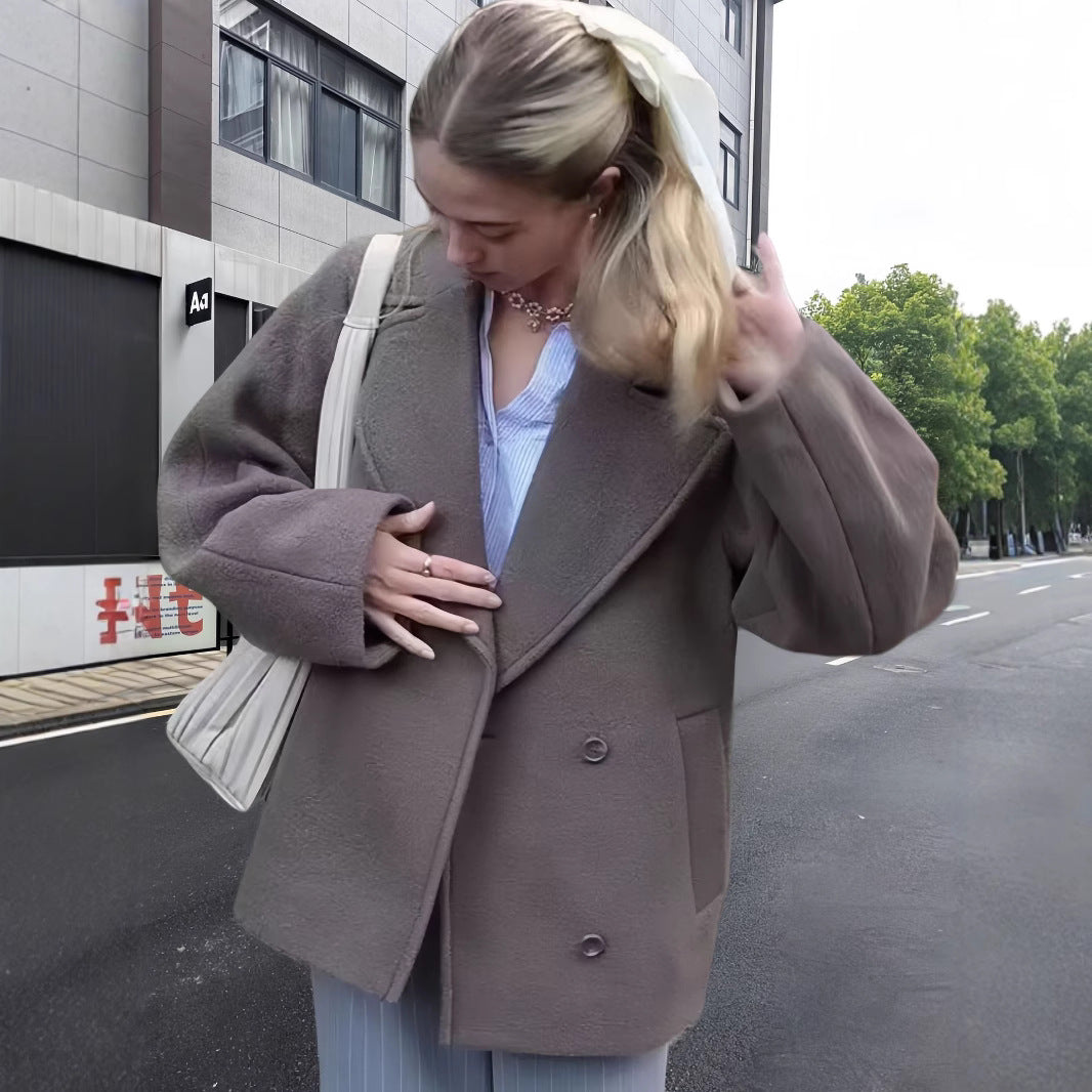 Damen modische Oversized-Jacke mit doppelter Knopfleiste und elegantem Kragen Drune