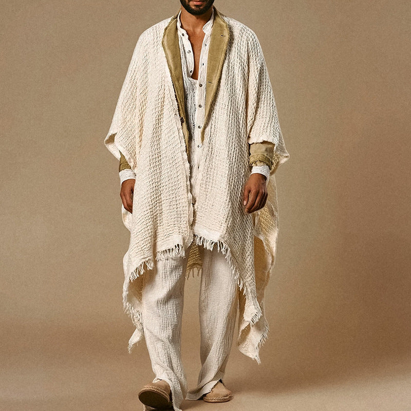Herren weit geschnittener Baumwoll-Leinen Poncho mit Fransen und offener Front Drune