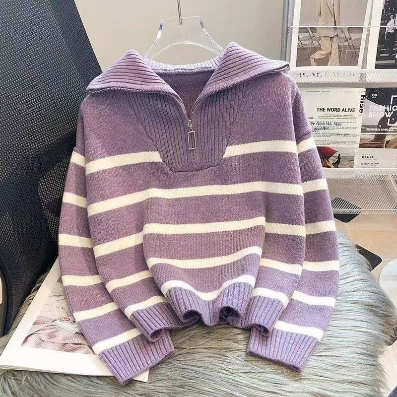 Damen Gestreifter Halb-Reißverschluss Strickpullover mit Rippenkragen Drune
