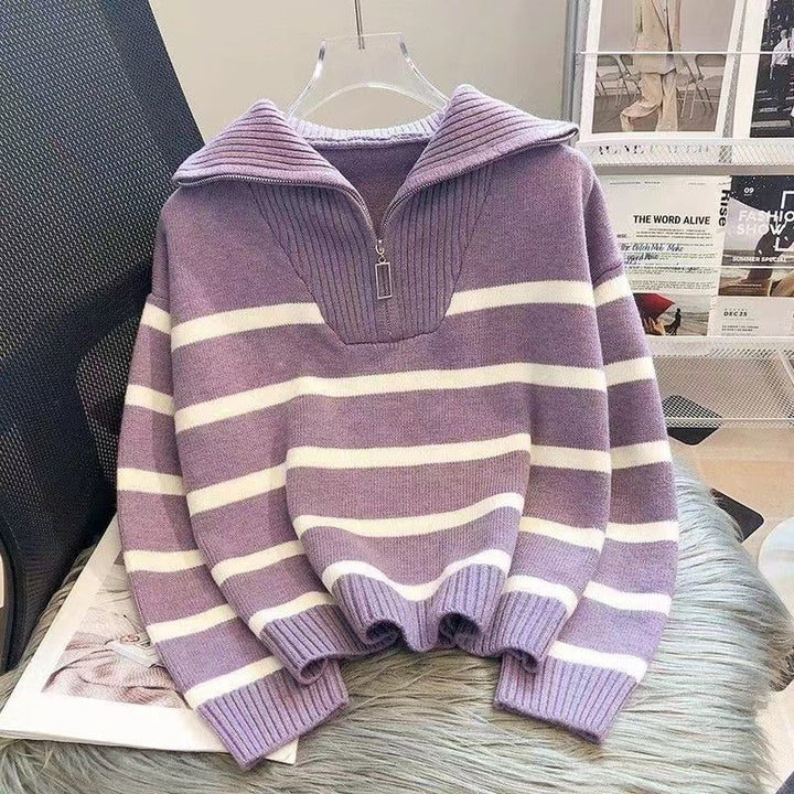 Damen Gestreifter Halb-Reißverschluss Strickpullover mit Rippenkragen Drune