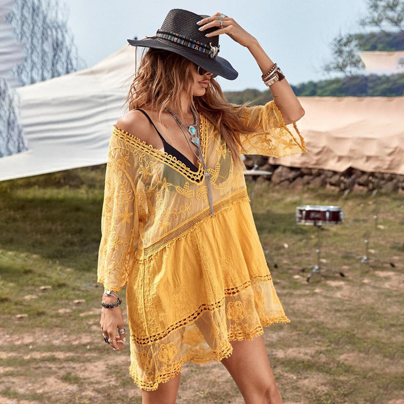 Damen luftiger Beachcover-Up mit aufwendiger Stickerei Drune
