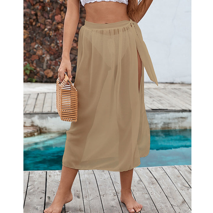 Damen eleganter transparenter Strandrock mit seitlichem Schlitz und bindbarem Gürtel Drune