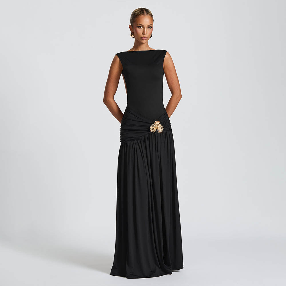 Damen Elegantes Maxikleid mit tailliertem Oberteil und einzigartiger Drapierung Drune