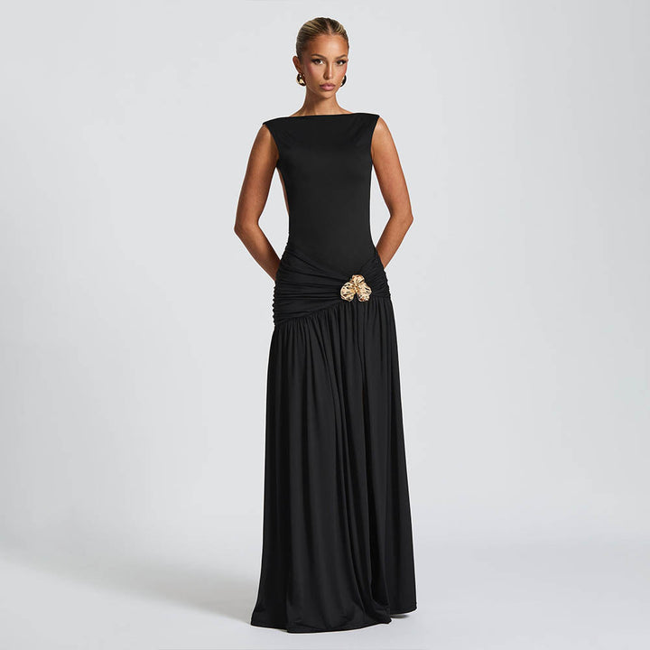 Damen Elegantes Maxikleid mit tailliertem Oberteil und einzigartiger Drapierung Drune