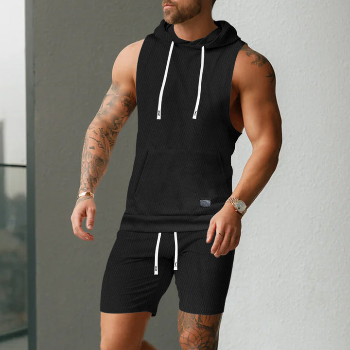 Herren nan ärmelloses Kapuzenweste-Set aus strukturiertem Baumwollmix mit Kängurutasche und Tunnelzug-Shorts Drune