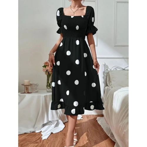 Damen Off-Shoulder Midi-Kleid mit Rüschensaum und Punkte-Design Drune
