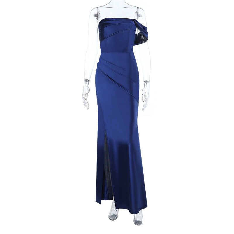 Damen elegantes schulterfreies Maxikleid mit hohem Schlitz und asymmetrischem Design Drune